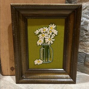 SOLD- Vintage Floral Mason Jar Crewel Embroidery Framed Art